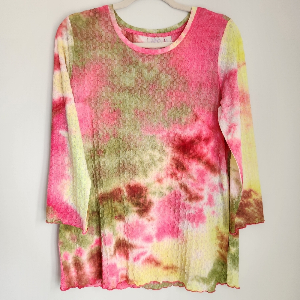 Logo Layers By Lori Goldstein Size M Textured Tie Dye Scoop Neck Top 3/4 Sleeve